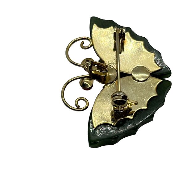 Butterfly Brooch Pin Coral Eyes 1960s Vintage Nephrite Jade Retro Gold Tone - Picture 6 of 15